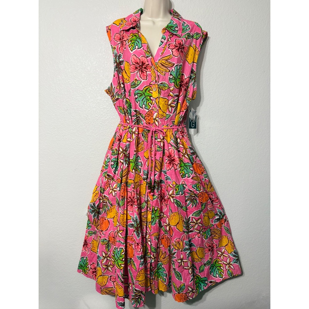 Mlle Gabrielle Pink Tropical Fruit Floral Tiered Maxi Dress Sleeveless NWT